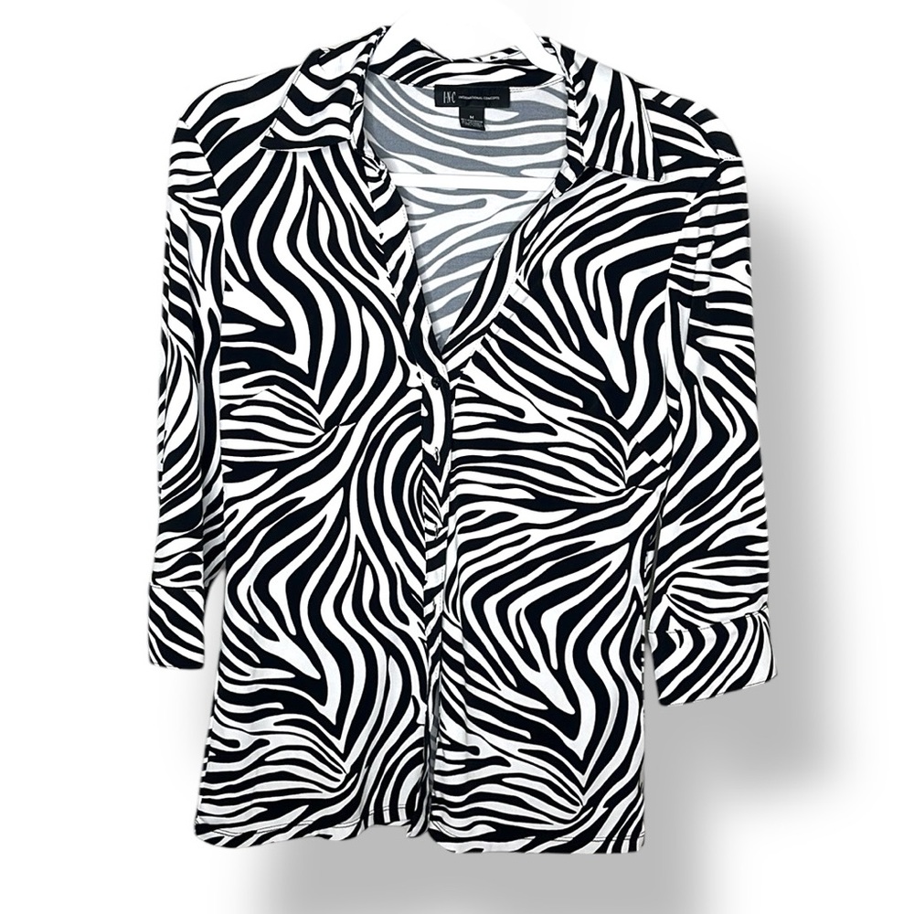 INC Zebra Print Button Down Stretchy Shirt Women's M Black White Blouse